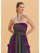 Strapless Chest Pocket Detailed Patterned Purple Flared Dress 4458